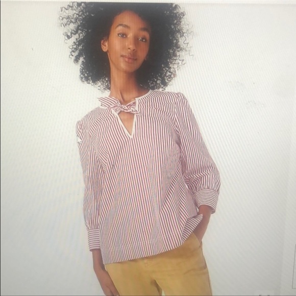 J. Crew Tops - J. Crew Thomas Mason Bow Neck Striped Top Large AR837 3/4 Sleeve Burgundy White